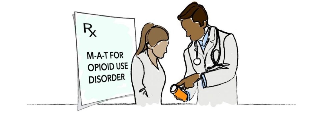Illustration of a medical professional showing medication to another.