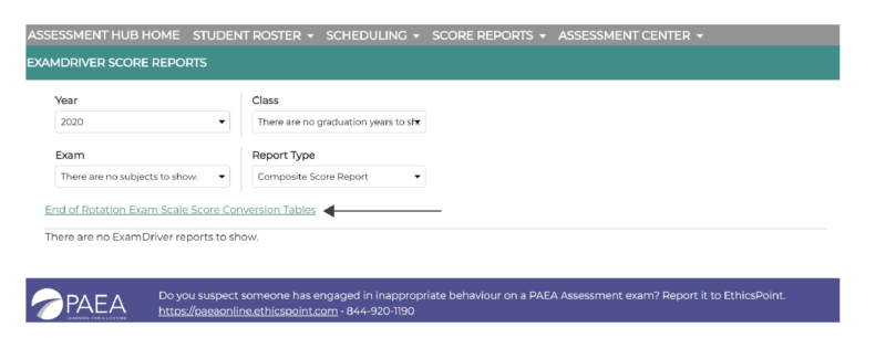 screenshot of score reports table
